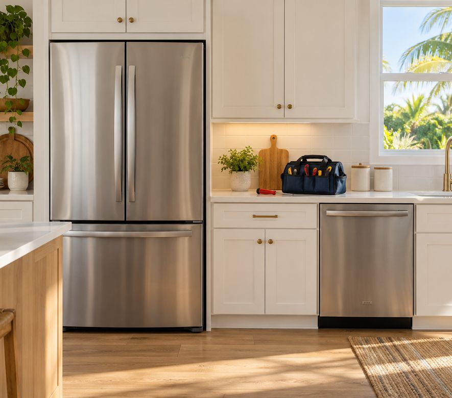 A bright home kitchen with a stainless refrigerator, dishwasher, and a repair tool bag on the counter